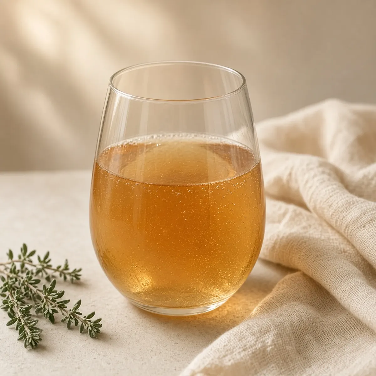 A slightly cloudy golden-amber wine in a stemless glass.