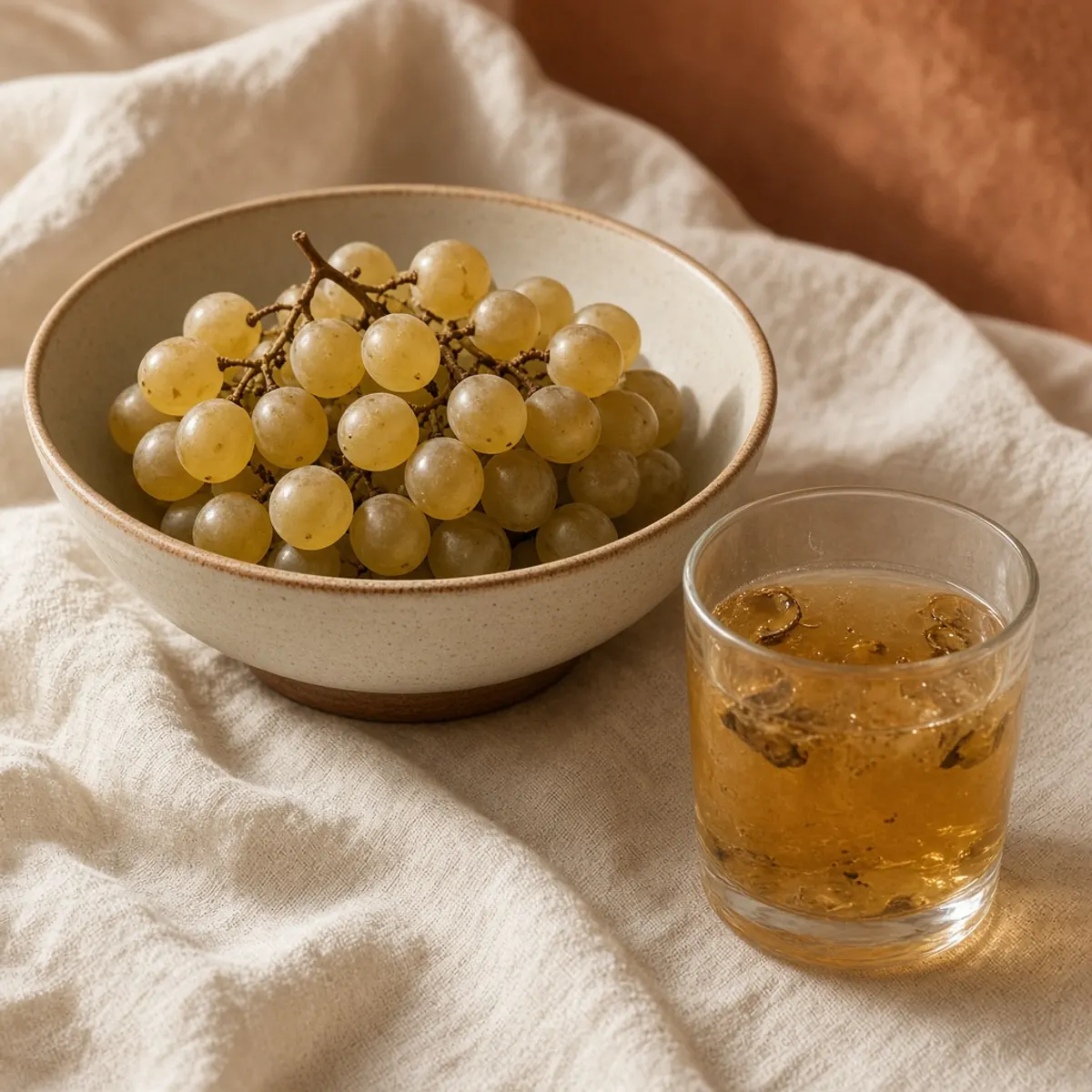 White grapes in a bowl beside a glass of golden skin-contact wine.